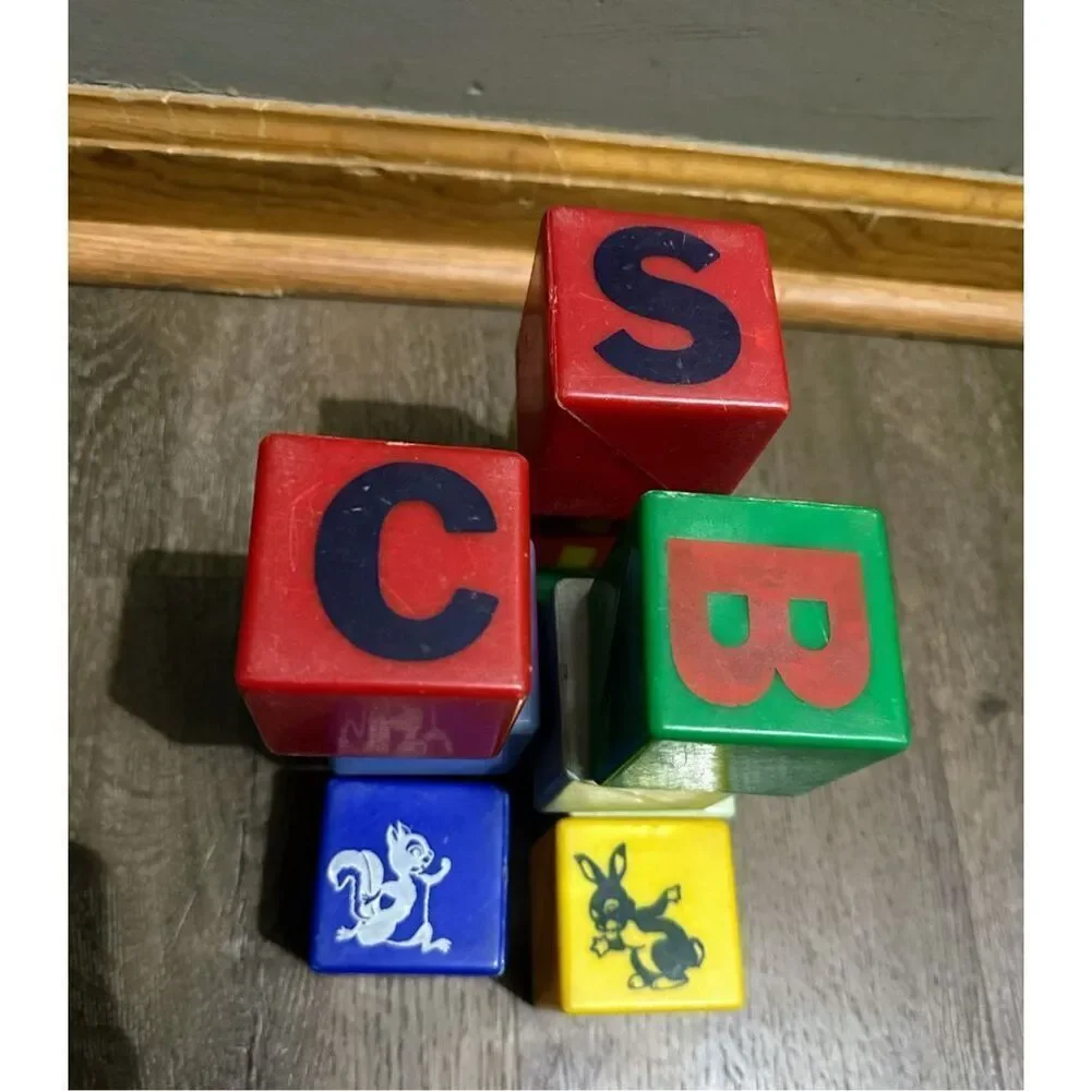 Vintage Plastic Rattle Blocks Multi Colored 2.5” Lot 11 Animals Letters Crafts